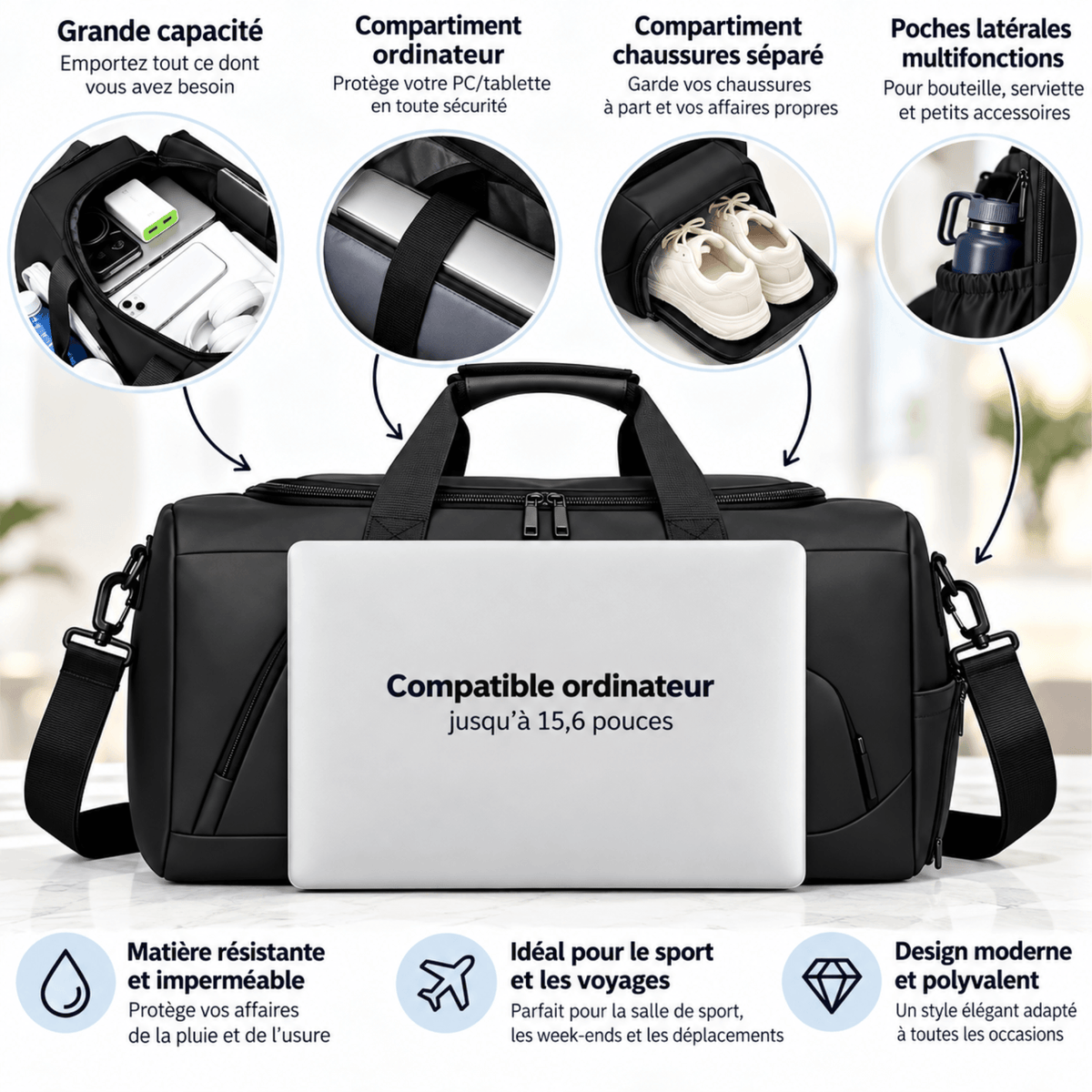 AERION - Sac de Voyage Cabine Grande Capacité en Cuir Synthétique PU