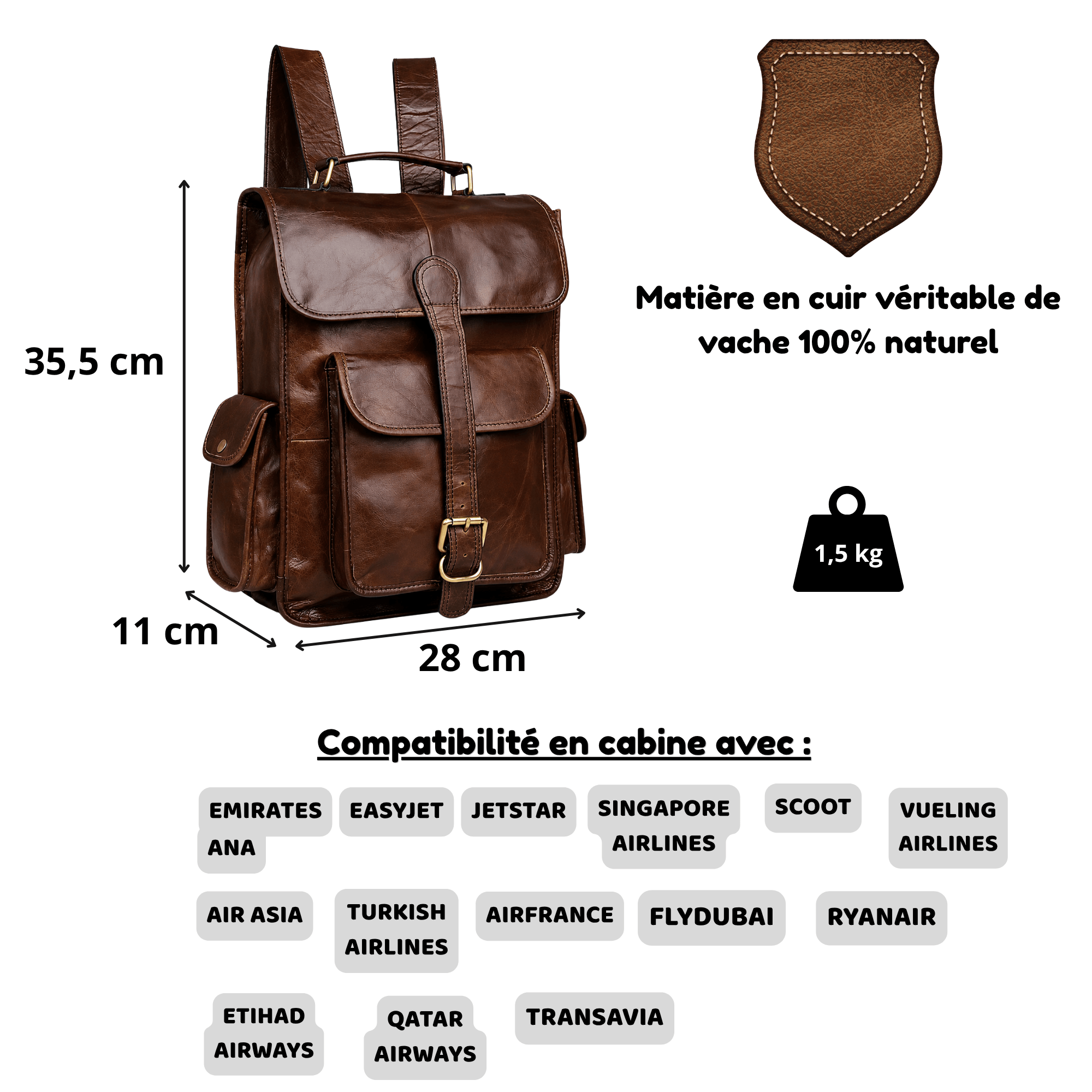 EXPLORER - Sac de Voyage Cuir Fait main, Multi-poches