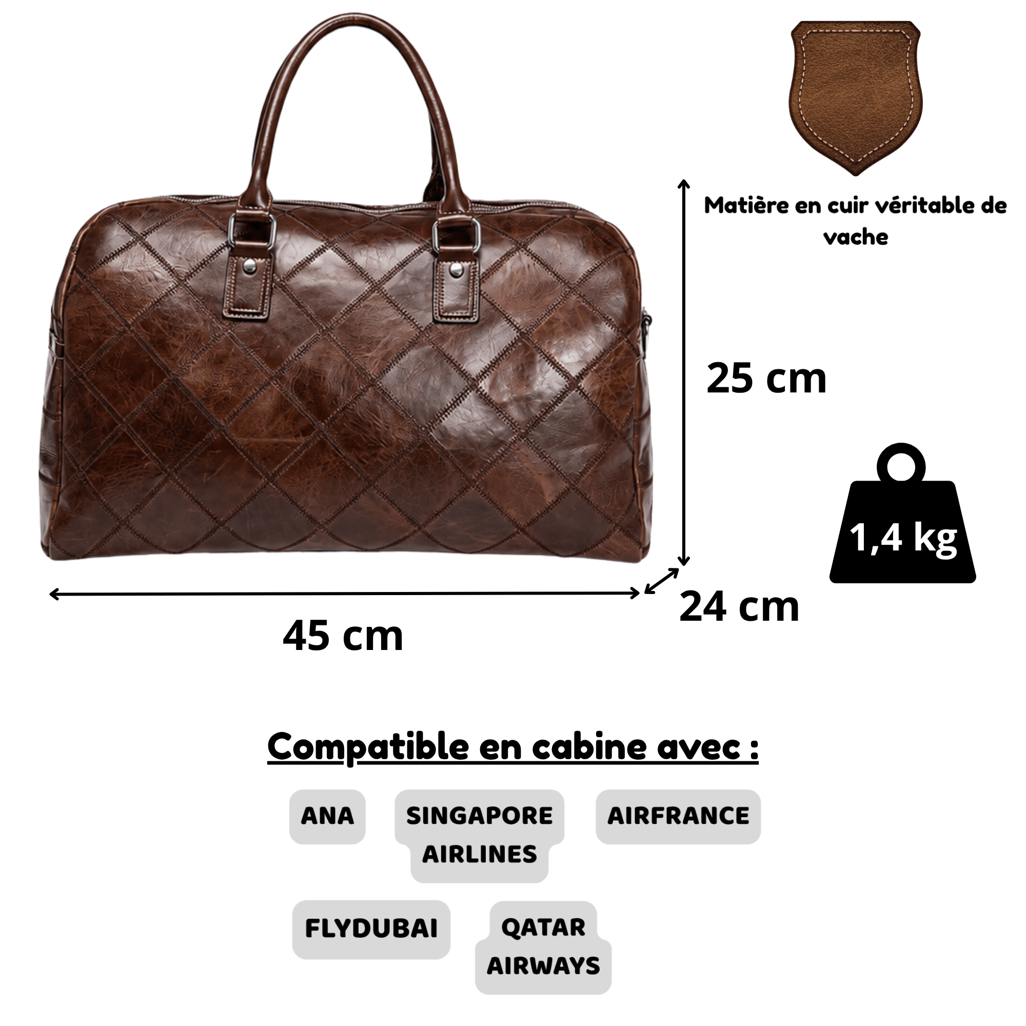 PRESTIGE - Sac de Voyage Cuir Élégant à Motif Matelassé