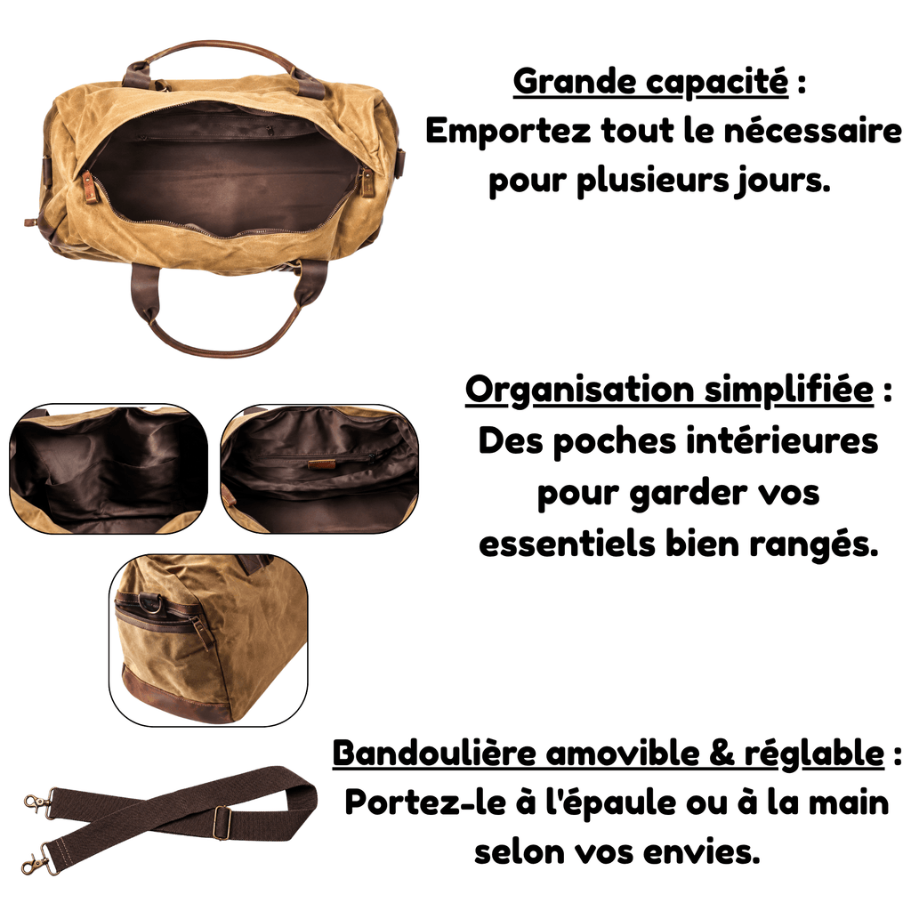 SAFARI - Sac de Voyage Cuir Grande Capacité Toile & Finitions Cuir