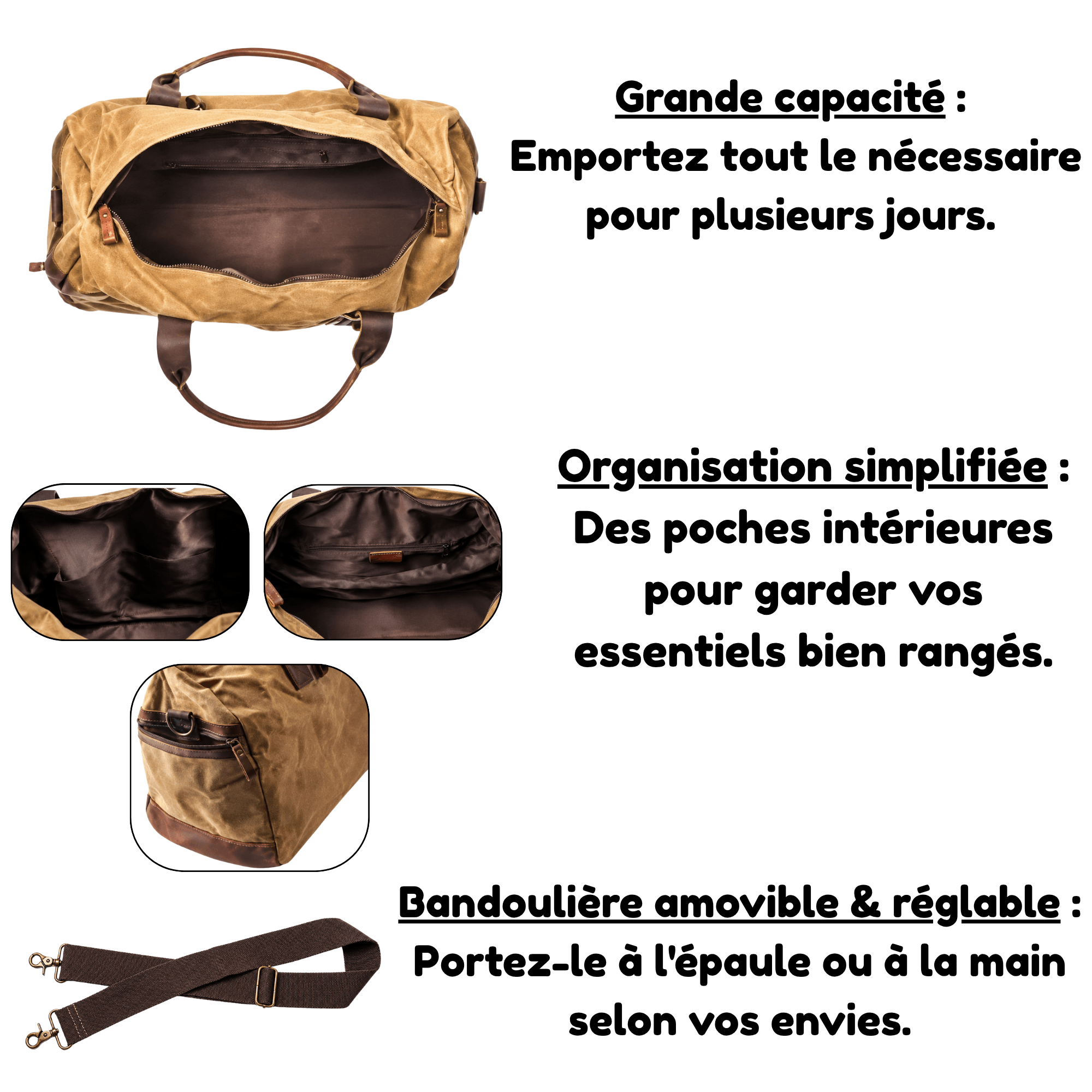 SAFARI - Sac de Voyage Cuir Grande Capacité Toile & Finitions Cuir