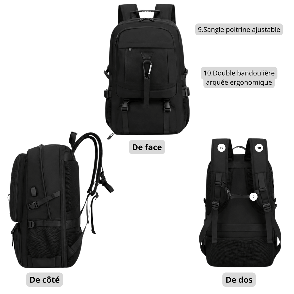 HORIZON DRIFT - Sac à Dos de Voyage Grande Capacité 50 L/80 L avec Compartiment Chaussures, Port USB et Format Trekking