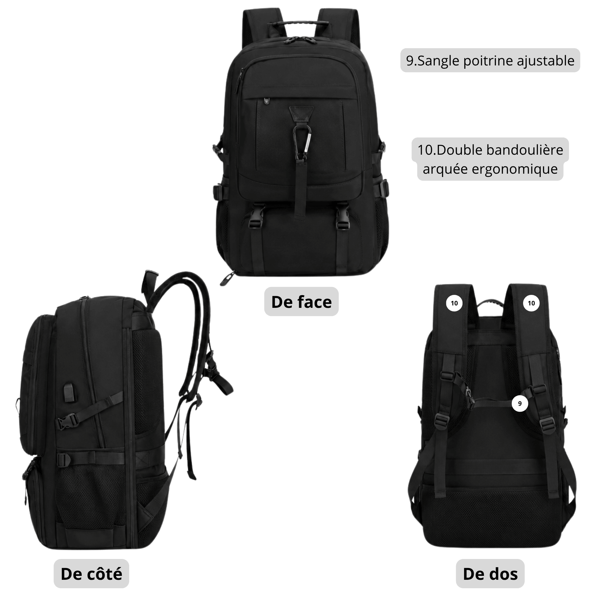 HORIZON DRIFT - Sac à Dos de Voyage Grande Capacité 50 L/80 L avec Compartiment Chaussures, Port USB et Format Trekking