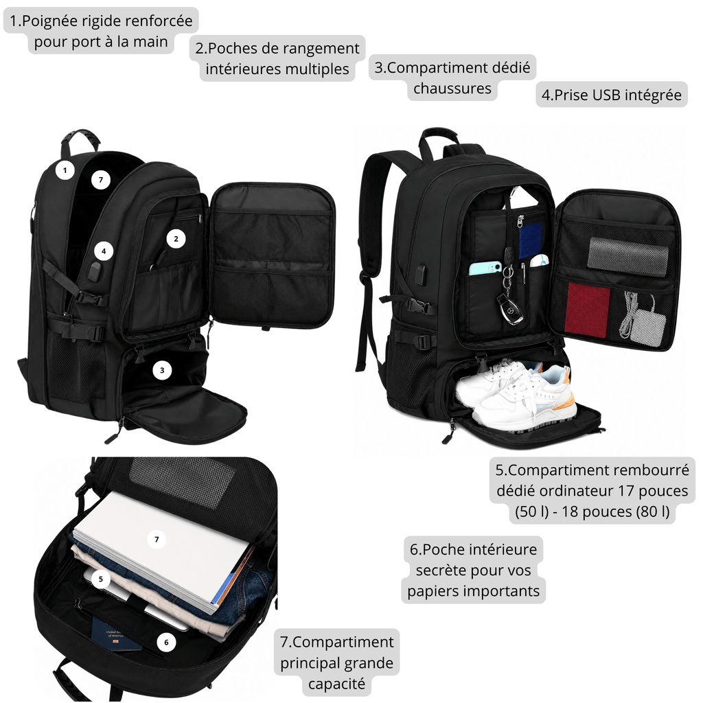 HORIZON DRIFT - Sac à Dos de Voyage Grande Capacité 50 L/80 L avec Compartiment Chaussures, Port USB et Format Trekking