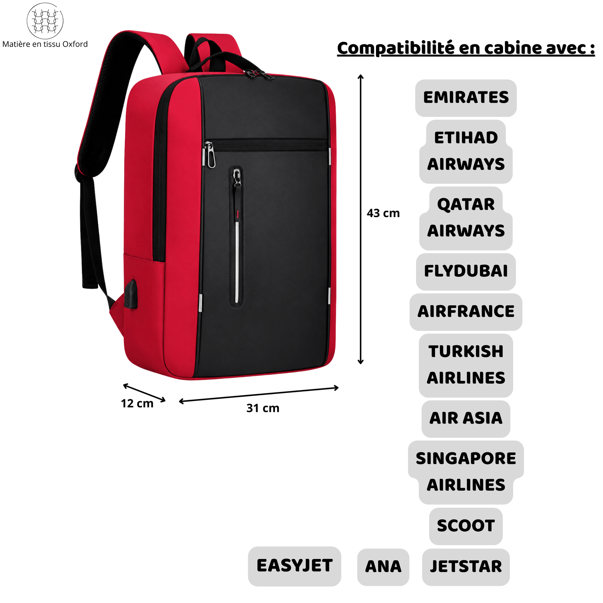 HORIZON RUSH - Sac à Dos de Voyage avec Port USB, Format Cabine