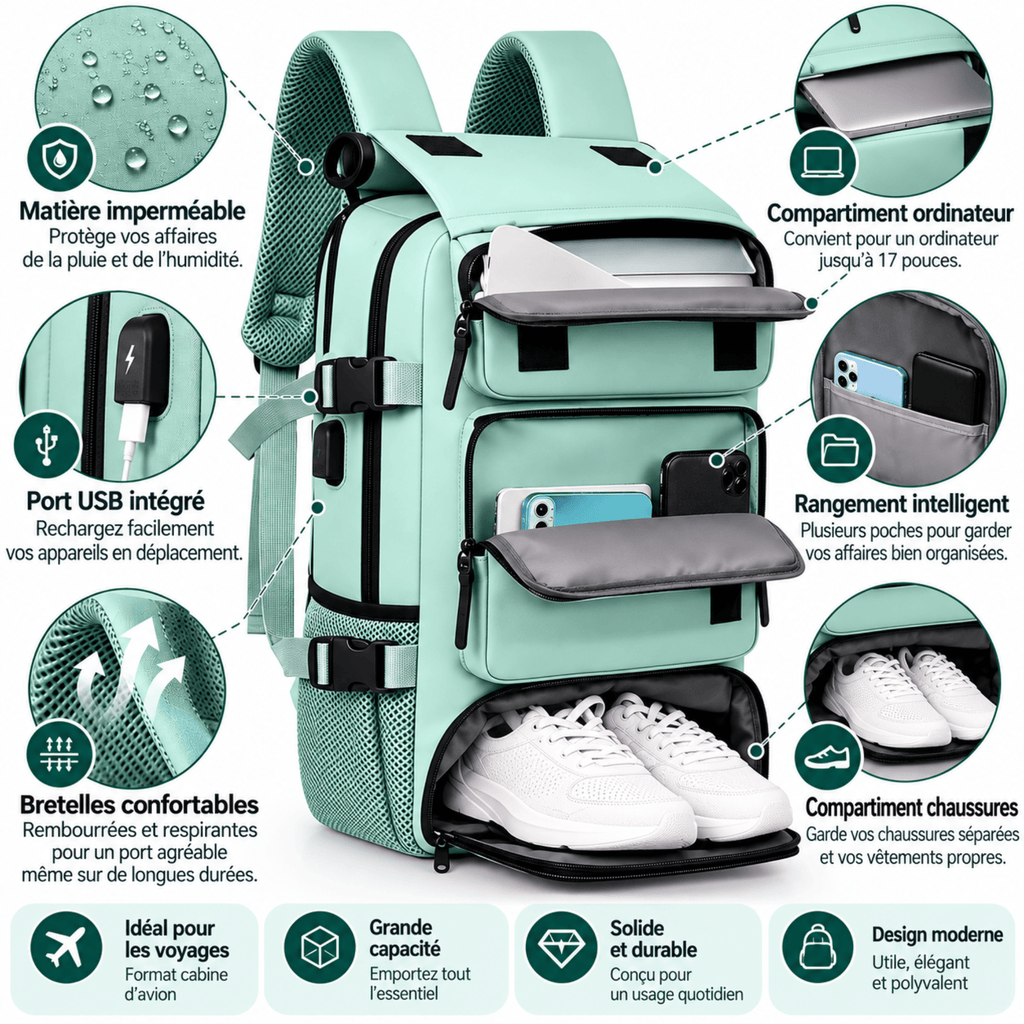 Sac de Voyage Cabine AÉLYS - Sac à Dos Multifonction avec Compartiment Chaussures
