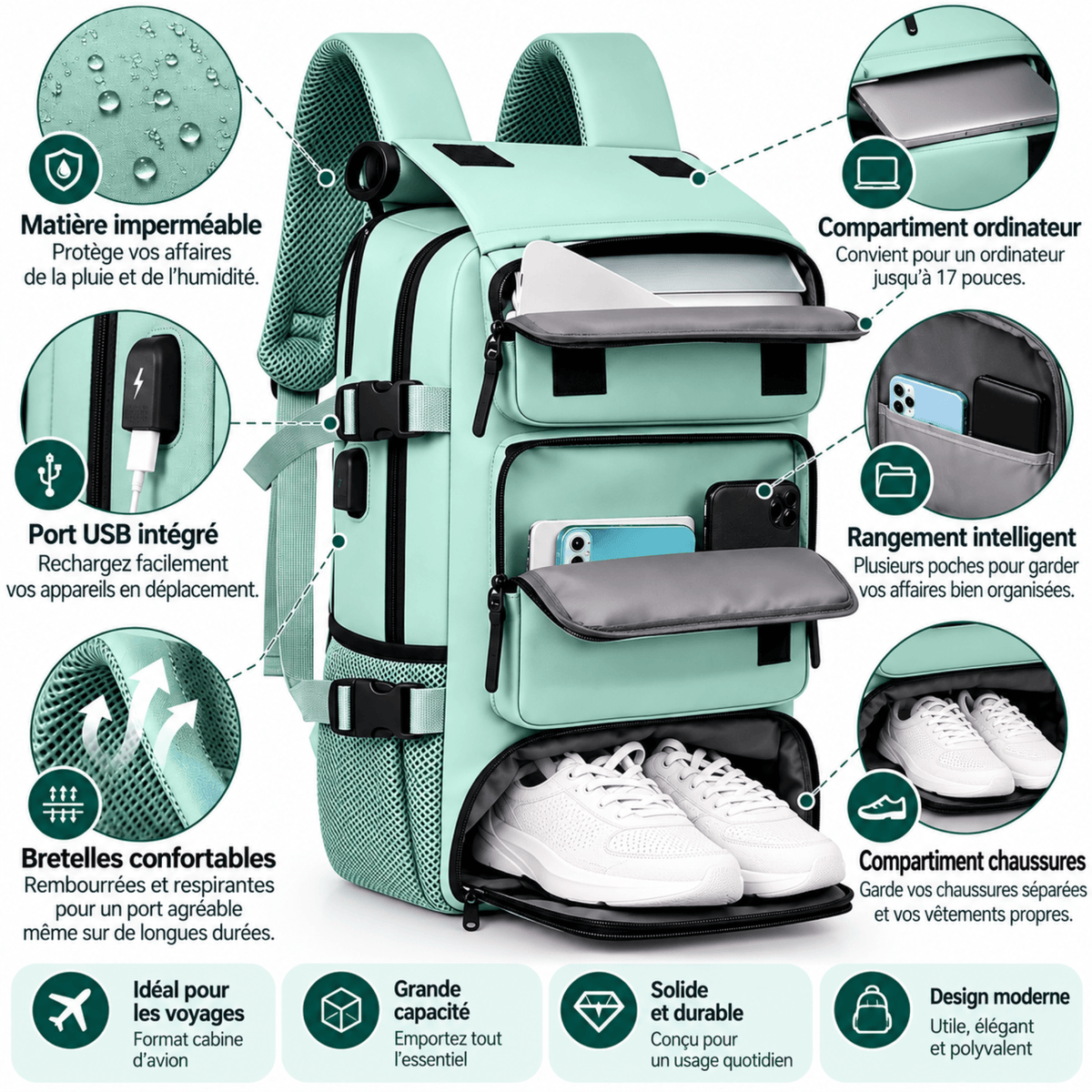 Sac de Voyage Cabine AÉLYS - Sac à Dos Multifonction avec Compartiment Chaussures