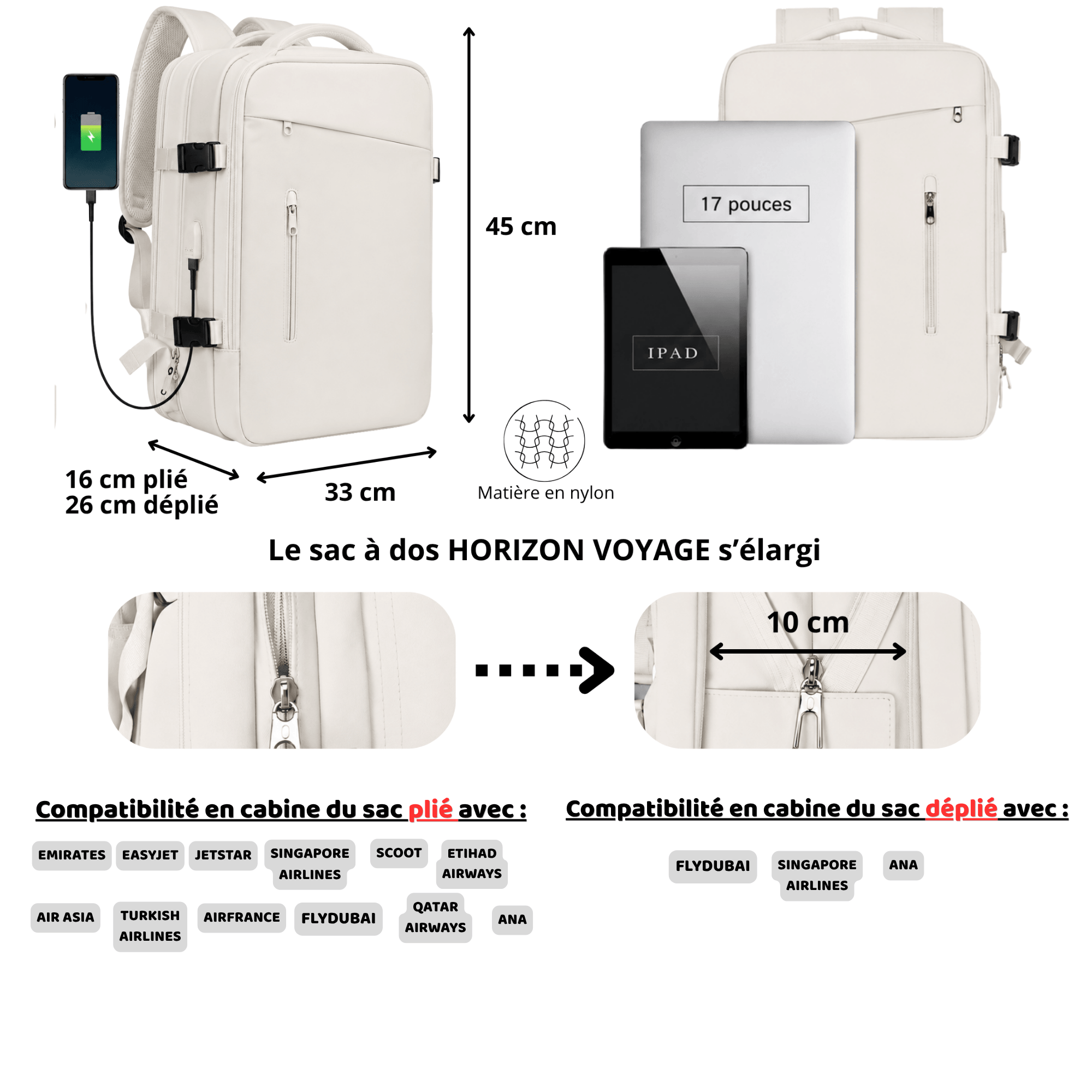 HORIZON VOYAGE - Sac à Dos de Voyage Extensible, Port USB