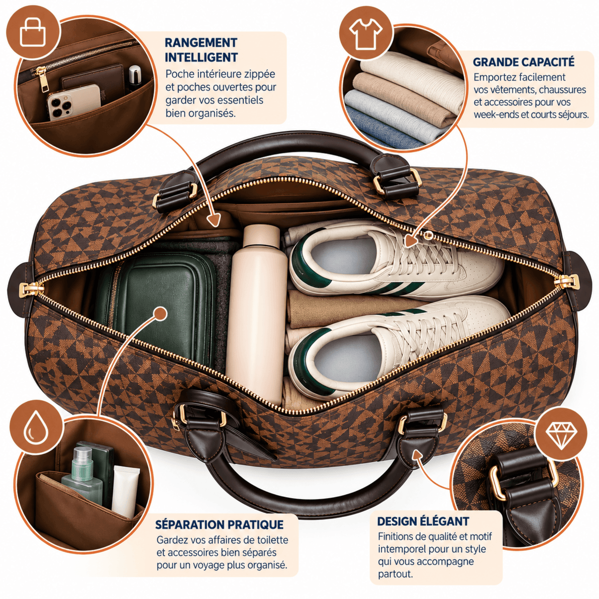Sac de voyage cabine Élégance  - Motif triangle & bandoulière réglable