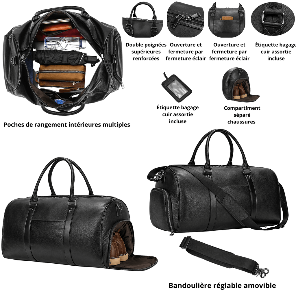 MONARCH - Sac de Voyage Cuir Grande Capacité avec Poche pour Chaussures